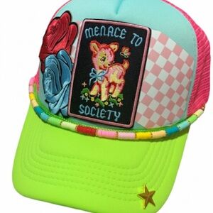 Custom Trucker Hat Neon Pink Green Blue Patch Roses Lamb Detachable Chain